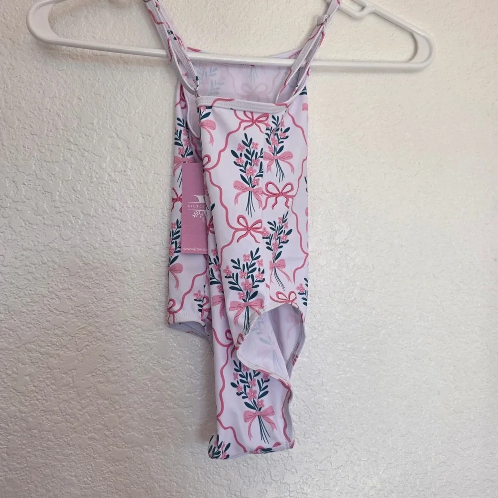 Victorias Vintage Jewels Girls Floral White One Piece Swimsuit Bow Print Size 5Y